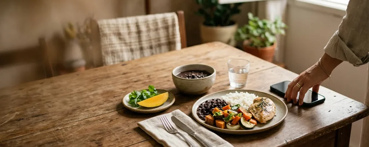 Pessoa afasta o celular diante de uma refeição com arroz, feijão, legumes e frango.