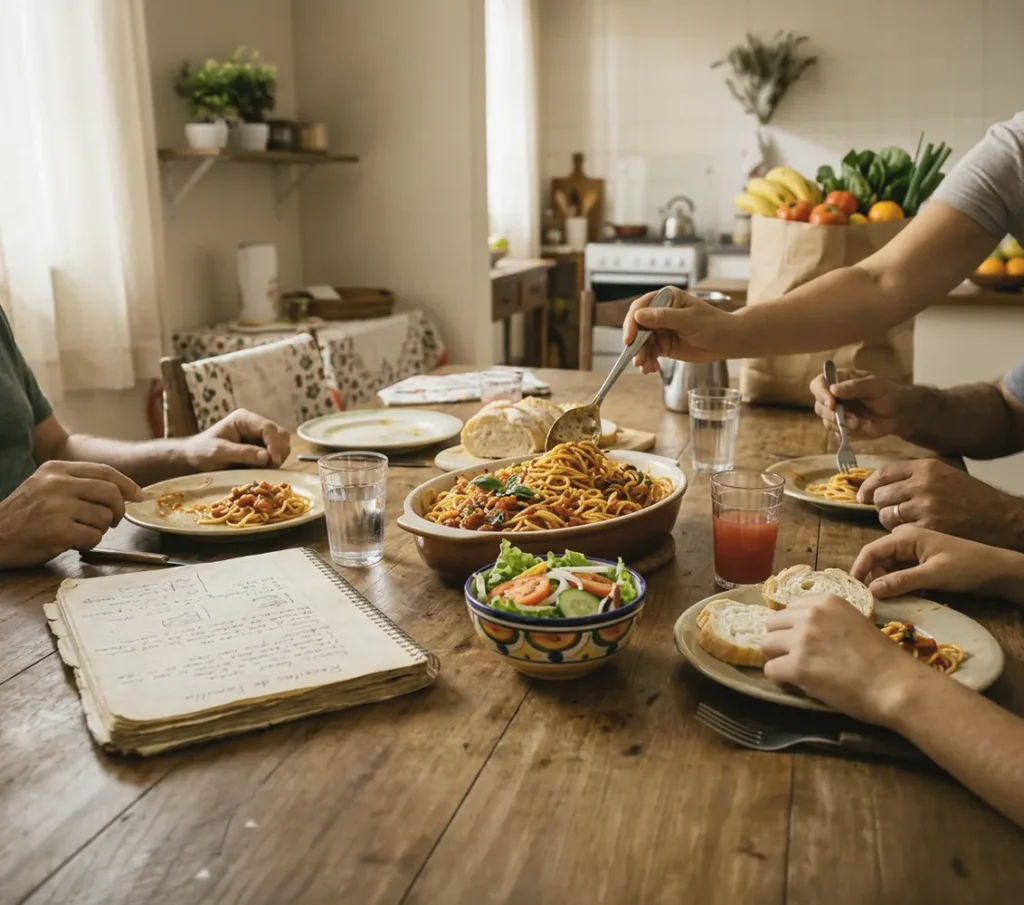 Família compartilha macarronada e salada ao redor da mesa, com um caderno de receitas aberto.