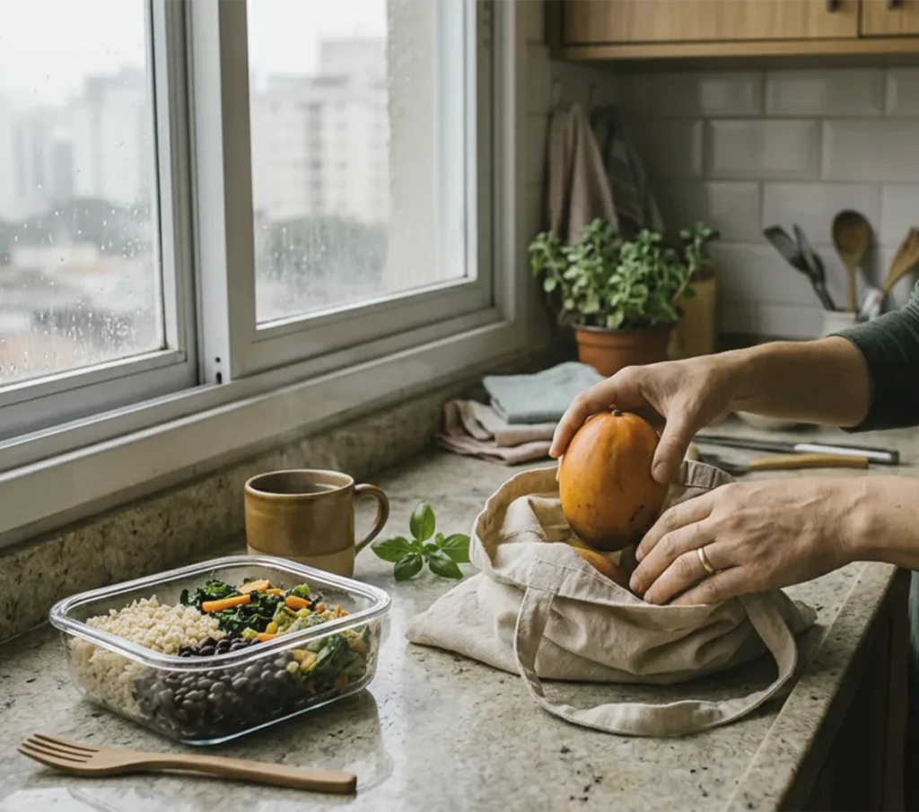 Mãos guardam uma fruta em uma bolsa ao lado de uma marmita com arroz, feijão e legumes, diante de uma janela chuvosa.