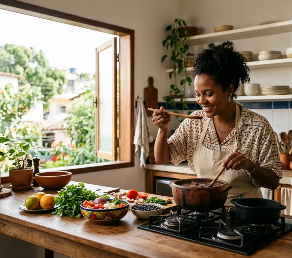 Mulher prova o tempero de uma refeição enquanto cozinha com legumes e ervas frescas.